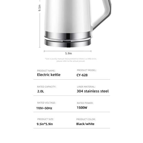 110V Stainless Steel Electric Kettle with Auto Shutoff, 304 Stainless Steel Double Wall Anti-Scalding, US Standard 2.0L - White