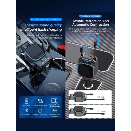 Car Bluetooth MP3 transmitter, car charger, super fast charging 96W 4-in-1 retractable cable car charger, radio, Bluetooth 5.3 FM transmitter