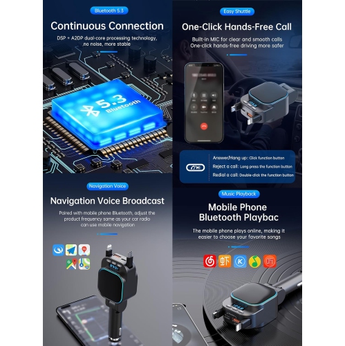 Car Bluetooth MP3 transmitter, car charger, super fast charging 96W 4-in-1 retractable cable car charger, radio, Bluetooth 5.3 FM transmitter