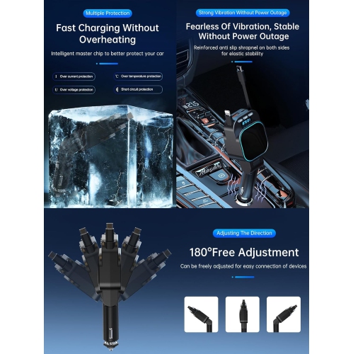 Car Bluetooth MP3 transmitter, car charger, super fast charging 96W 4-in-1 retractable cable car charger, radio, Bluetooth 5.3 FM transmitter