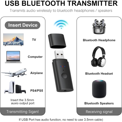 Émetteur Bluetooth USB un à deux émetteurs 5,2 PS4/TV/ordinateur et autre transmission audio Émetteur auxiliaire 3,5 mm Bluetooth