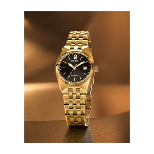 Montre pour femmes Corso Eco-Drive 27&nbsp;mm de Citizen avec boîtier et bracelet en acier inoxydable doré et cadran noir