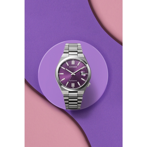 Montre automatique unisexe Tsuyosa de 37 mm 37 mm avec boîtier et bracelet en inox argenté et cadran violet de Citizen