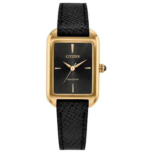 Montre-bijou classique pour femmes Eco-Drive 23,5&nbsp;mm avec boîtier en acier inoxydable doré bracelet en cuir noir et cadran noir