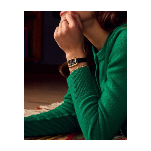 Montre-bijou classique pour femmes Eco-Drive 23,5 mm avec boîtier en acier inoxydable doré bracelet en cuir noir et cadran noir