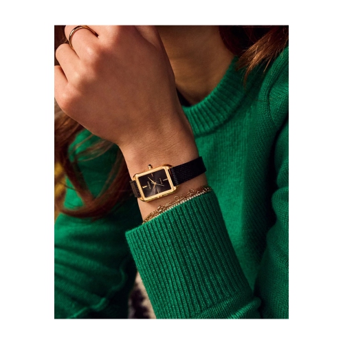 Montre-bijou classique pour femmes Eco-Drive 23,5 mm avec boîtier en acier inoxydable doré bracelet en cuir noir et cadran noir