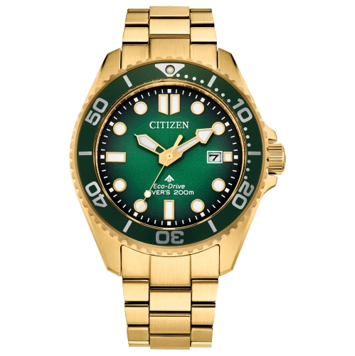 Montre homme à Eco-Drive Promaster Dive de Citizen, 41&nbsp;mm boîtier et bracelet en inox doré, cadran vert