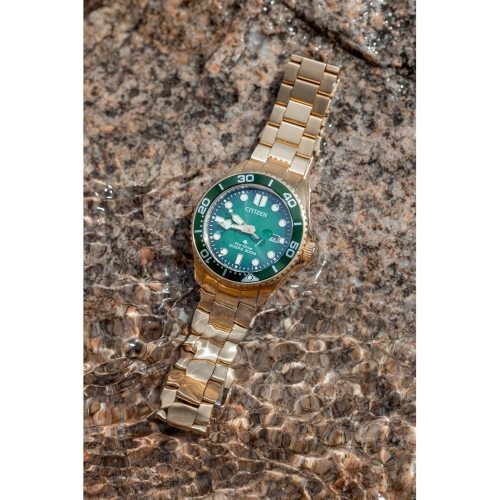 Montre homme à Eco-Drive Promaster Dive de Citizen, 41&nbsp;mm boîtier et bracelet en inox doré, cadran vert