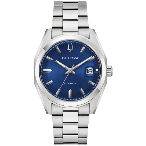 Montre automatique pour hommes Surveyor de Bulova 39&nbsp;mm avec boîtier et bracelet en inox argenté et cadran bleu