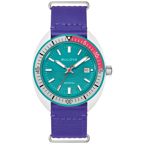 Bulova Mens Snorkel #Tide® Limited Edition Quartz Watch 41mm White Hybrid-Ceramic Case Purple Nylon Strap with Teal Dial