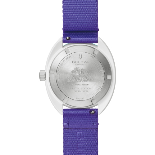 Bulova Mens Snorkel #Tide® Limited Edition Quartz Watch 41mm White Hybrid-Ceramic Case Purple Nylon Strap with Teal Dial
