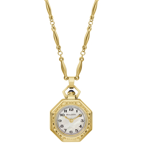 Bulova Ladies Rubaiyat Pendant Necklace Limited Edition Quartz Watch 25.5mm Gold-Tone Stainless Steel Case and Chain with White Dial