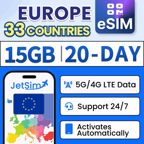 Europe SIM Card QR Code, 15GB 5G/4G LTE High-Speed Data, Works in 33 EU Countries France, Italy, Portugal, Spain, Turkey, UK, Ireland and more