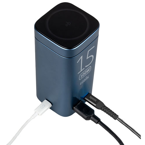 Chargeur portable USB-A/USB-C 15 000 mAh 20 W Piston Power Pro avec chargement sans fil Qi2 de LOGiiX - Bleu minuit
