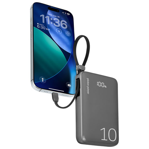 Chargeur portable 20 W 10 000 mAh Piston Power de LOGiiX avec câble USB-C - Gris