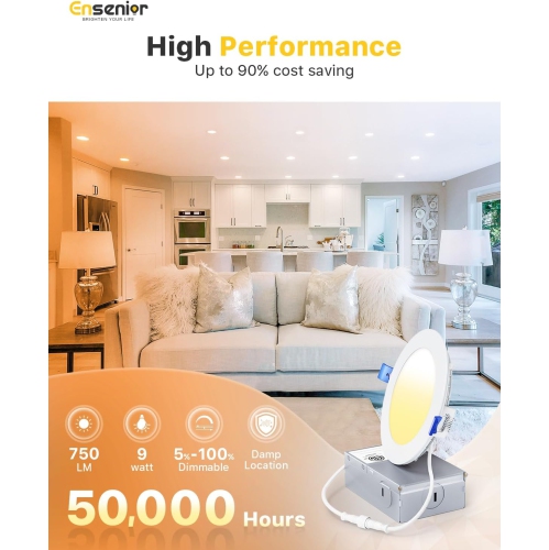 Ensenior 4Inch LED Recessed Slim Pot Light with Junction Box, 3000K/4000K/5000K Changeable, 9W 75W Eqv, Dimmable IC-Rated Ceiling Lighting, 750LM