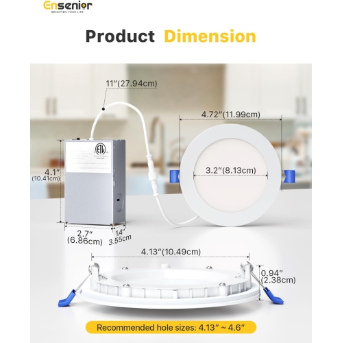 Ensenior 4Inch LED Recessed Slim Pot Light with Junction Box, 3000K/4000K/5000K Changeable, 9W 75W Eqv, Dimmable IC-Rated Ceiling Lighting, 750LM