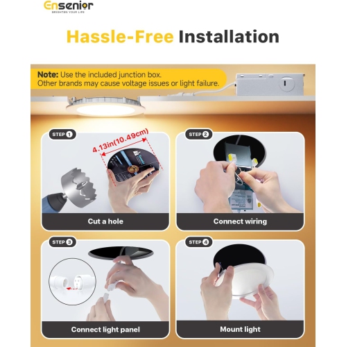 Ensenior 4Inch LED Recessed Slim Pot Light with Junction Box, 3000K/4000K/5000K Changeable, 9W 75W Eqv, Dimmable IC-Rated Ceiling Lighting, 750LM