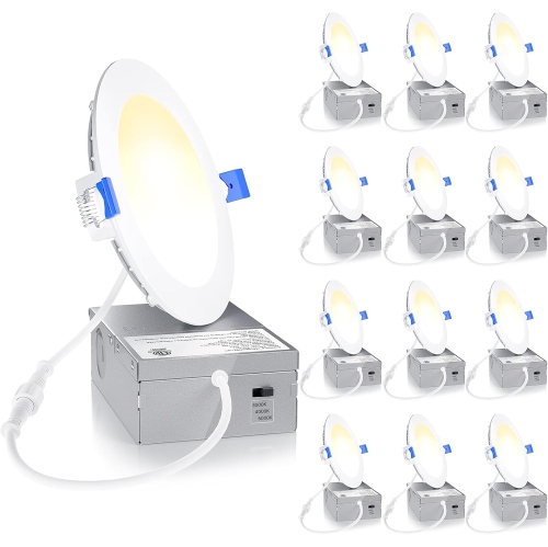 Ensenior 4Inch LED Recessed Slim Pot Light with Junction Box, 3000K/4000K/5000K Changeable, 9W 75W Eqv, Dimmable IC-Rated Ceiling Lighting, 750LM