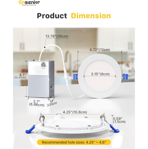 Ensenior 4Inch LED Recessed Slim Pot Light with Junction Box, 3000K/4000K/5000K Changeable, 9W 75W Eqv, Dimmable IC-Rated Ceiling Lighting, 750LM