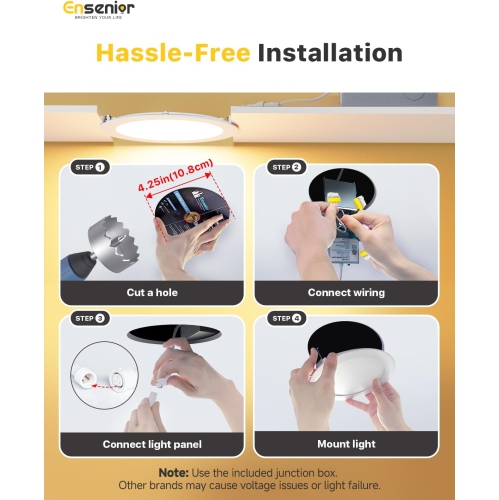 Ensenior 4Inch LED Recessed Slim Pot Light with Junction Box, 3000K/4000K/5000K Changeable, 9W 75W Eqv, Dimmable IC-Rated Ceiling Lighting, 750LM