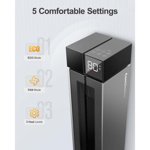 Space Heater Large Room, Electric Heaters for Indoor Use, 3 Heat Levels, 3 Modes, Multiple Safety Protections, 25” Silver Tower Heater for Office,