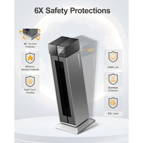 Space Heater Large Room, Electric Heaters for Indoor Use, 3 Heat Levels, 3 Modes, Multiple Safety Protections, 25” Silver Tower Heater for Office,