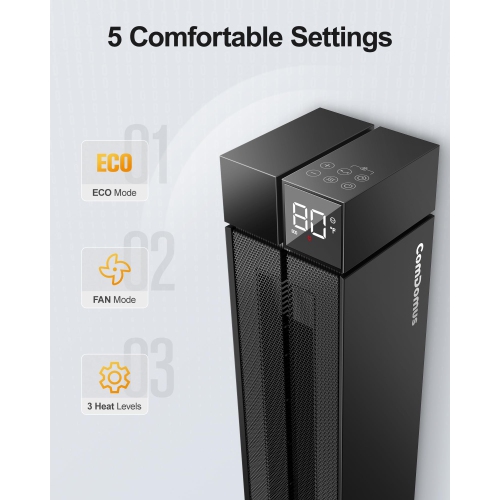 Space Heater Large Room, 25” Electric Heaters for Indoor Use, 3 Heat Levels, 3 Modes, Multiple Safety Protections, Black Tower Heater for Office