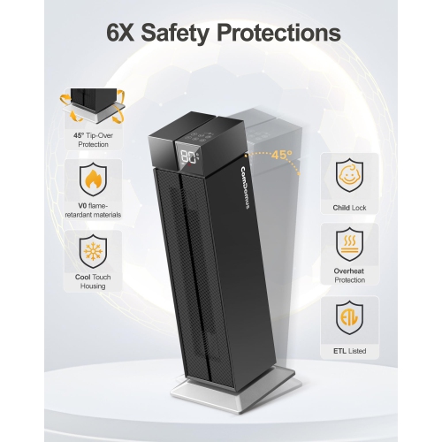 Space Heater Large Room, 25” Electric Heaters for Indoor Use, 3 Heat Levels, 3 Modes, Multiple Safety Protections, Black Tower Heater for Office