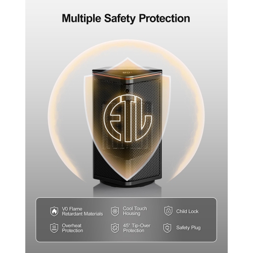 Space Heater, Portable Electric Heaters for Indoor Use with Thermostat, 70° Oscillation, 5 Modes, 12H Timer, Black Small Room Heater for Office