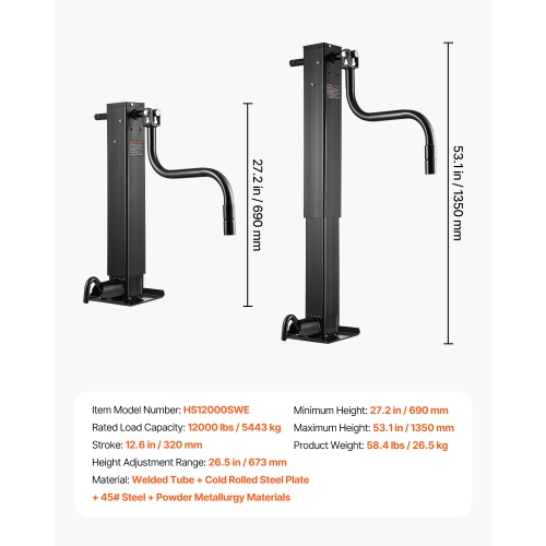 VEVOR Trailer Jack, 12000 lbs Dynamic Load Capacity, Weld-on Pipe-Mount Swivel Trailer Jack with Ergonomic Handle, 12.6-inch Vertical Travel,