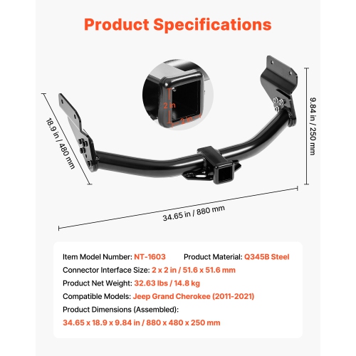 VEVOR Class 3 Trailer Hitch, 2-Inch Receiver, Compatible with 2011-2021 Jeep Grand Cherokee, Q345B Steel Tube Frame, Multi-Fit Hitch to Receive Ball