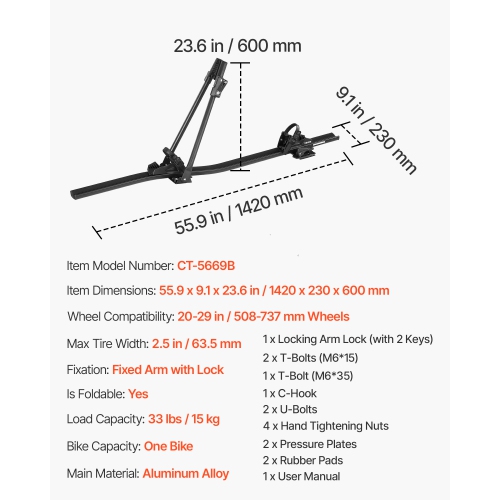 VEVOR 33 lbs Capacity Roof Bike Rack,Upright Roof Mount Bicycle Rack with Secure Locking System for Most Standard Crossbars,Aluminum Upright Rooftop