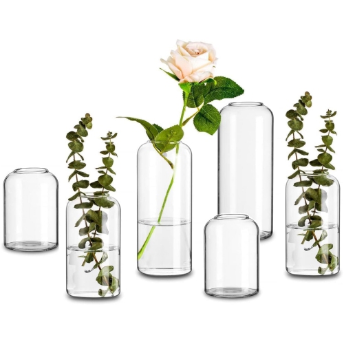 NIERBO  Small Bud Handmade Glass Vases for Centerpieces, Unique Flower Vase Set Of 6, Cute Blown Clear Vases for Decor, Minimalist Centerpiece Vases