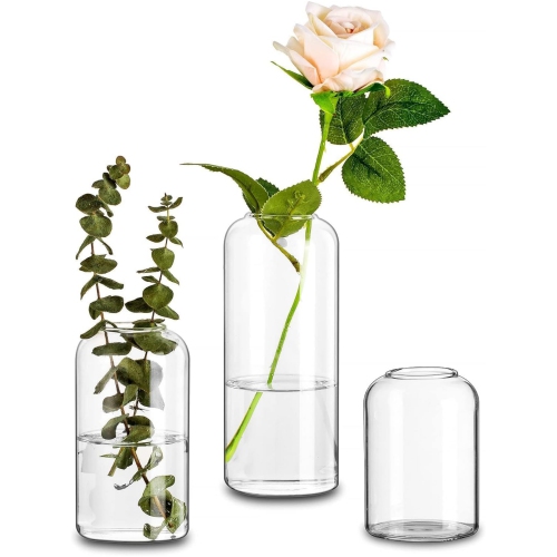 NIERBO  Small Bud Handmade Glass Vases for Centerpieces, Unique Flower Vase Set Of 3, Cute Blown Clear Vases for Decor, Minimalist Centerpiece Vases