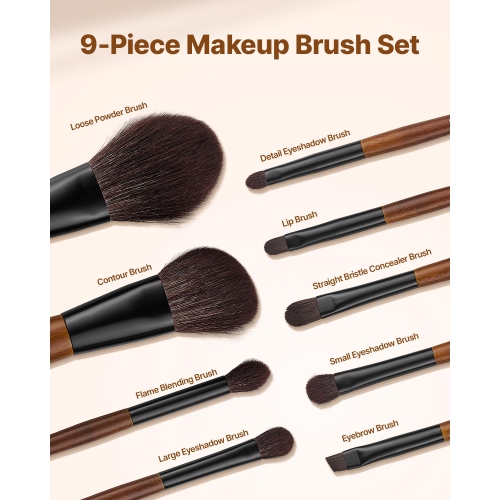 VEVOR 9-Piece Makeup Brush Set for Foundation Blending Eyeshadow, Professional Makeup Brush Kit with Soft Natural Wool & Vegan Synthetic Bristles,