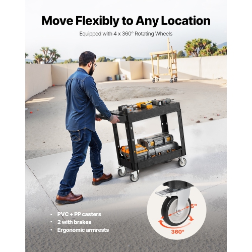 VEVOR 31.3 x 17.7 in Utility Cart, 550 lbs Load Capacity, Two-Shelf Heavy Duty Plastic Utility Cart with 360° Swivel Wheels, Suitable for Warehouse,