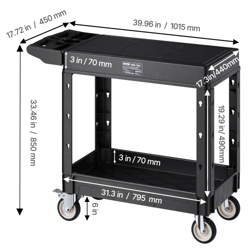 VEVOR 31.3 x 17.7 in Utility Cart, 550 lbs Load Capacity, Two-Shelf Heavy Duty Plastic Utility Cart with 360° Swivel Wheels, Suitable for Warehouse,