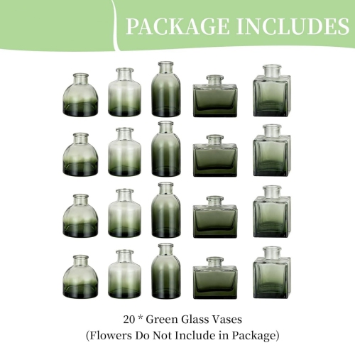 NIERBO Glass Bud Vases for Centerpieces: Green Mini Flower Vase Set of 20 Bulk Modern Decor Small Vase for Flowers Cute Decorative Wedding Table