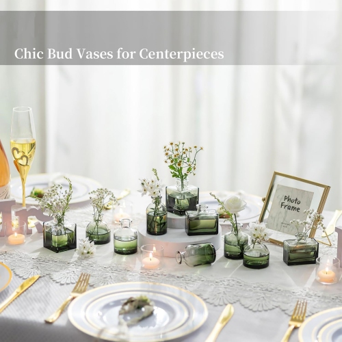 NIERBO Glass Bud Vases for Centerpieces: Green Mini Flower Vase Set of 20 Bulk Modern Decor Small Vase for Flowers Cute Decorative Wedding Table