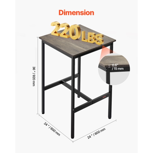 VEVOR 24x24x36 in Bar Table, Sturdy Metal Frame High Top Pub Table, Small Kitchen Dining, Cocktail Coffee Counter Bar Height Desk, Easy to Assemble,