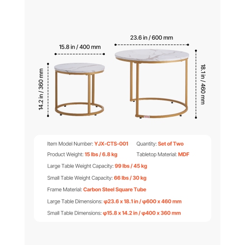 Ensemble de 2 tables basses gigognes VEVOR, table basse ronde de 23,6&nbsp;po, tables gigognes pour petite place, tables d'appoint Vintage avec cadre