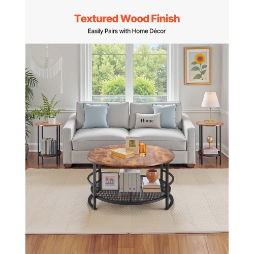 VEVOR 3 Pieces Round Coffee Table Sets, 31.5 in Industrial Living Room Table with 2 End Side Tables, Easy Assembly Coffee and End Tables Sets with