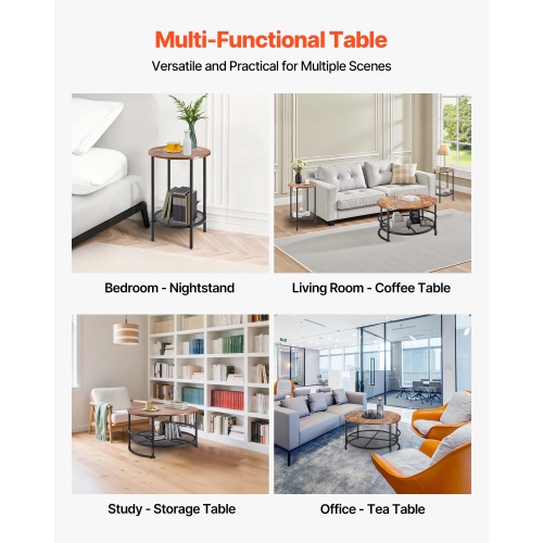 VEVOR 3 Pieces Round Coffee Table Sets, 31.5 in Industrial Living Room Table with 2 End Side Tables, Easy Assembly Coffee and End Tables Sets with