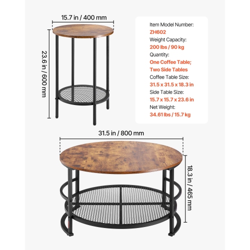 VEVOR 3 Pieces Round Coffee Table Sets, 31.5 in Industrial Living Room Table with 2 End Side Tables, Easy Assembly Coffee and End Tables Sets with