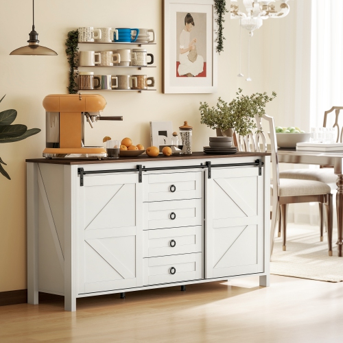 HOMCOM Farmhouse Sideboard Buffet Cabinet with Storage, 60" Kitchen Cabinet with 2 Sliding Barn Doors, 4 Drawers and 2 Adjustable Shelves, Coffee Bar