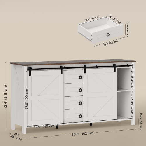 HOMCOM Farmhouse Sideboard Buffet Cabinet with Storage, 60" Kitchen Cabinet with 2 Sliding Barn Doors, 4 Drawers and 2 Adjustable Shelves, Coffee Bar