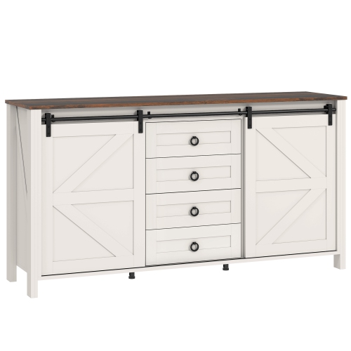 HOMCOM Farmhouse Sideboard Buffet Cabinet with Storage, 60" Kitchen Cabinet with 2 Sliding Barn Doors, 4 Drawers and 2 Adjustable Shelves, Coffee Bar