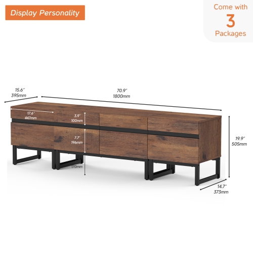 WAMPAT Modern TV Stand for TVs up to 70 inch, 3 in 1 Entertainment Center with Storage Cabinets and Metal Base, Media Console for Living Room, Brown,