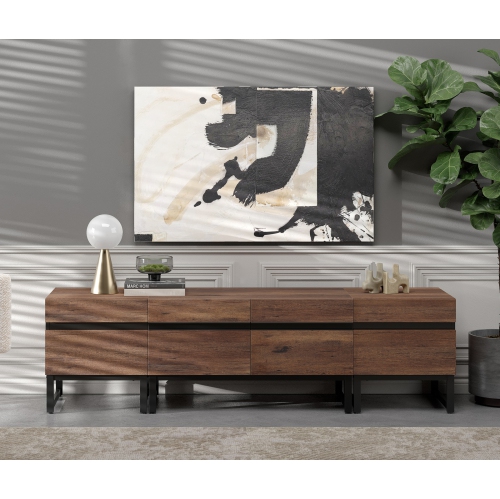 WAMPAT Modern TV Stand for TVs up to 70 inch, 3 in 1 Entertainment Center with Storage Cabinets and Metal Base, Media Console for Living Room, Brown,